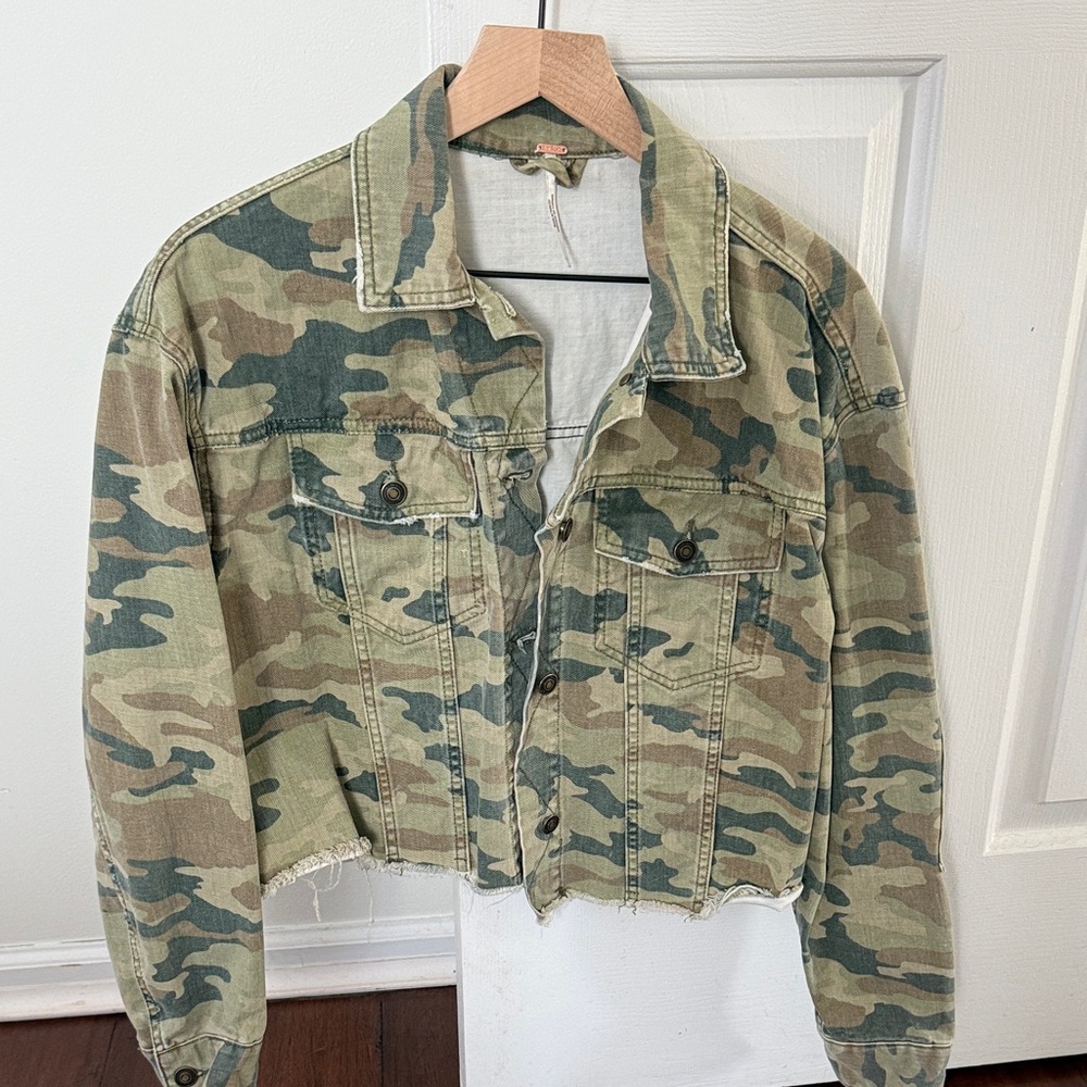 Free people camo denim jacket